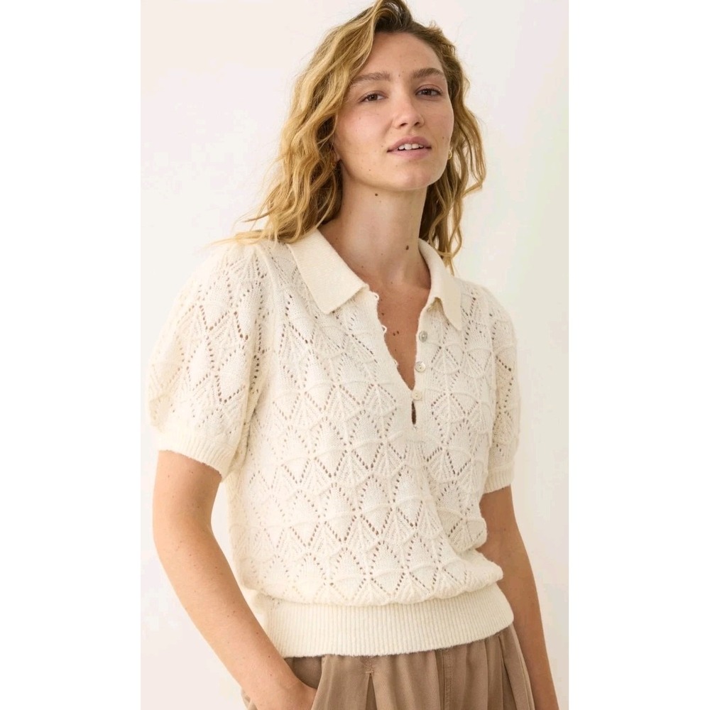 Marine Layer Rebecca Polo Sweater Womens L Cream Crochet Knit Short Sleeve 2025